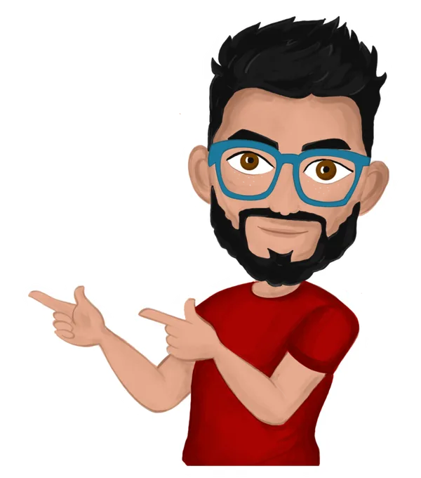 Illustration of Mahendra Yadav pointing to his work